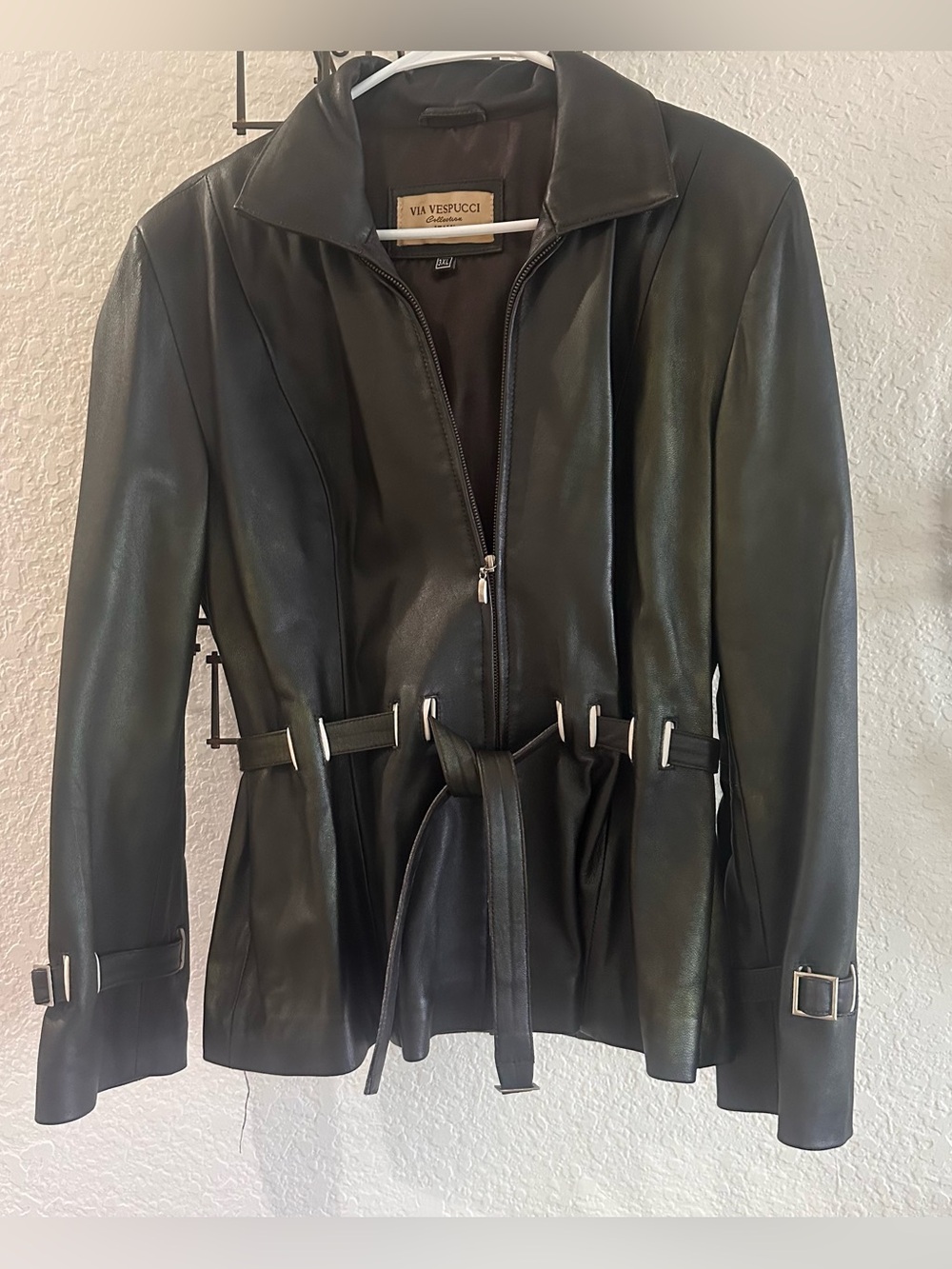 Via Vespucci Italy Soft Black Leather Belted Jacket Women L XL